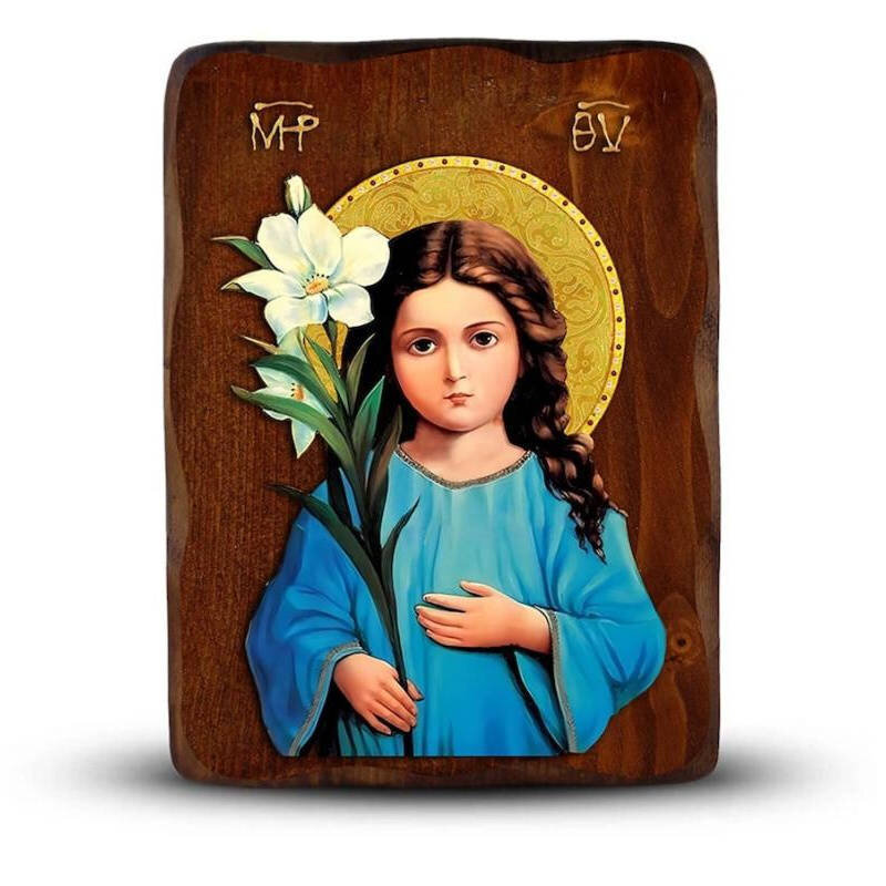 Εικόνα Ορθοδοξίας με περίγραμμα χρυσό σε ξύλο Φλαμουρίας  με  βάση Παναγία στην Τριετία Εικόνα, Χειροποίητη Ξύλινη εικόνα της Παναγίας σε Μικρή Ηλικία, τοίχος βυζαντινής τέχνης, θρησκευτικό δώρο, χριστιανική διακόσμηση Διάσταση 50x40 cm (19,7 x 15,8 ίντσε