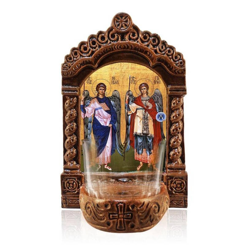 Εικόνα Ορθοδοξίας με περίγραμμα χρυσό σε ξύλο Φλαμουρίας  με  βάση Φωτιστικό Αγρυπνίας Αρχαγγέλων Μιχαήλ και Γαβριήλ, Εικονίδιο Επιτραπέζιου Ταξιάρχες, Χειροποίητο Κεραμικό Φωτιστικό Αγρυπνίας με Γυάλινο Κύπελλο Διάσταση 50x40 cm (19,7 x 15,8 ίντσες)  INT