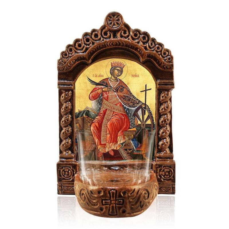 Εικόνα Ορθοδοξίας με περίγραμμα χρυσό σε ξύλο Φλαμουρίας  με  βάση Φωτιστικό Αγίας Αικατερίνης, Εικόνα Επιτραπέζιας Αγίας Αικατερίνης, Χειροποίητο Κεραμικό Φωτιστικό με Γυάλινο Κύπελλο Διάσταση 45x35 cm (17,7 x 13,8 ίντσες) INTRAEK-543216724172