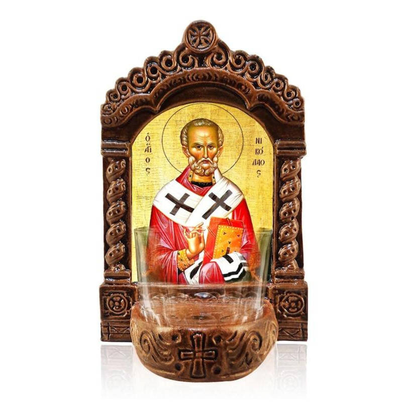 Εικόνα Ορθοδοξίας με περίγραμμα χρυσό σε ξύλο Φλαμουρίας  με  βάση Φωτιστικό Αγρυπνίας Αγίου Νικολάου, Επιτραπέζια εικόνα Αγίου Νικολάου, Χειροποίητο Κεραμικό Φωτιστικό με Γυάλινο Κύπελλο Διάσταση 45x35 cm (17,7 x 13,8 ίντσες) INTRAEK-543216724170
