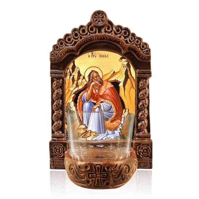 Εικόνα Ορθοδοξίας με περίγραμμα χρυσό σε ξύλο Φλαμουρίας  με  βάση Φωτιστικό Προφήτη Ηλία, Επιτραπέζια Εικόνα Προφήτη Ηλία, Χειροποίητο Κεραμικό Φωτιστικό Αγρυπνίας με Γυάλινο Κύπελλο Διάσταση 45x35 cm (17,7 x 13,8 ίντσες) INTRAEK-543216724166
