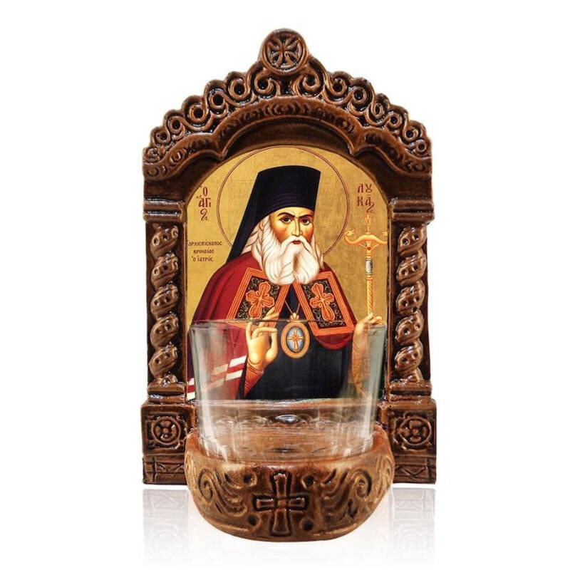 Εικόνα Ορθοδοξίας με περίγραμμα χρυσό σε ξύλο Φλαμουρίας  με  βάση Φωτιστικό Αγρυπνίας Άγιος Λουκάς ο Ιατρός, Εικόνα Επιτραπέζιο Άγιος Λουκάς ο Ιατρός, Χειροποίητο Κεραμικό Φανάρι με γυάλινο κύπελλο Διάσταση 45x35 cm (17,7 x 13,8 ίντσες) INTRAEK-543216724