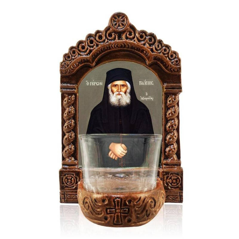 Εικόνα Ορθοδοξίας με περίγραμμα χρυσό σε ξύλο Φλαμουρίας  με  βάση Φωτιστικό Αγρυπνίας Αγίου Παΐσιου, Επιτραπέζια εικόνα Πατήρ Παΐσιος ο Αθωνίτης, Χειροποίητο Κεραμικό Φωτεινό με γυάλινο κύπελλο Διάσταση 45x35 cm (17,7 x 13,8 ίντσες) INTRAEK-543216724163