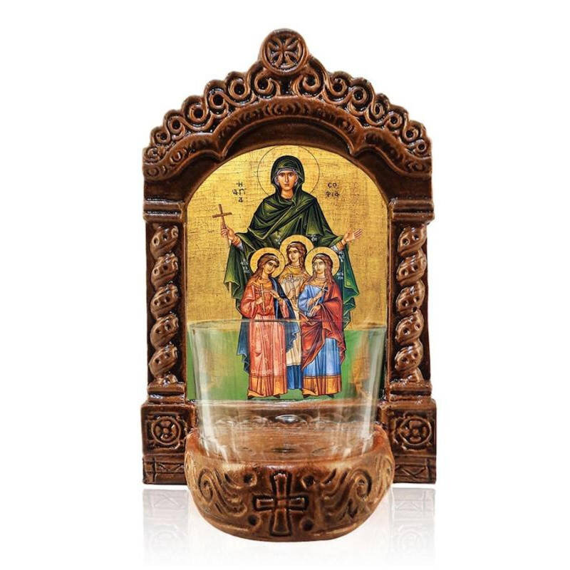 Εικόνα Ορθοδοξίας με περίγραμμα χρυσό σε ξύλο Φλαμουρίας  με  βάση Φωτιστικό Αγρυπνίας Αγίας Σοφίας, Αγία Σοφία με τις κόρες της Πίστη Ελπίδα και Αγάπη, Χειροποίητο Κεραμικό Φωτιστικό Αγρυπνίας με Γυάλινο Κύπελλο Διάσταση 50x40 cm (19,7 x 15,8 ίντσες)  IN