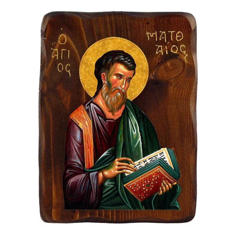Εικόνα Ορθοδοξίας με περίγραμμα χρυσό σε ξύλο Φλαμουρίας  με  βάση Εικόνα Αγίου Ματθαίου του Αποστόλου, Χειροποίητη ελληνική εικόνα του Αγίου Ματθαίου, επιτοίχια πλάκα βυζαντινής τέχνης, θρησκευτικό δώρο, χριστιανική διακόσμηση Διάσταση 50x40 cm (19,7 x 1