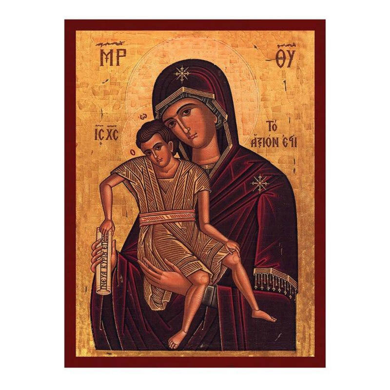 Εικόνα Ορθοδοξίας με περίγραμμα χρυσό σε ξύλο Φλαμουρίας  με  βάση Virgin Mary It Is Truly Meet Icon, Χειροποίητη Ελληνική εικόνα του It Is Truly Meet, επιτοίχια πλάκα βυζαντινής τέχνης, χριστιανικό δώρο Διάσταση 45x35 cm (17,7 x 13,8 ίντσες) INTRAEK-5432