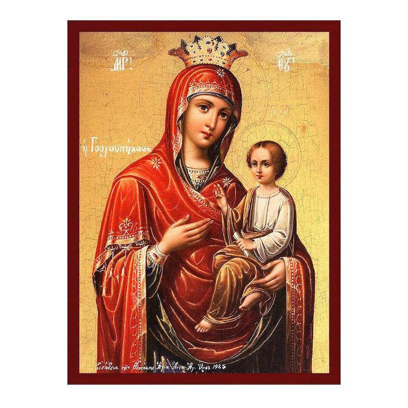 Εικόνα Ορθοδοξίας με περίγραμμα χρυσό σε ξύλο Φλαμουρίας  με  βάση Παναγία Γρήγορη Εικόνα, Χειροποίητη Ελληνική εικόνα της Παναγίας Γοργοεπηκόου, Κρεμαστή πλάκα βυζαντινής τέχνης, χριστιανικό δώρο Διάσταση 45x35 cm (17,7 x 13,8 ίντσες) INTRAEK-54321672413