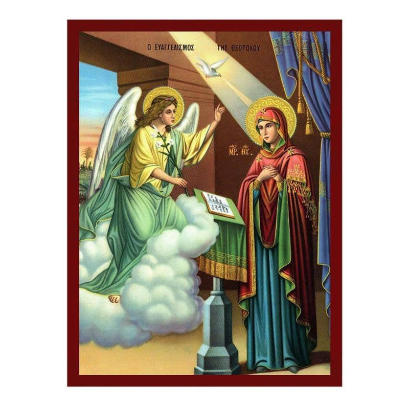 Εικόνα Ορθοδοξίας με περίγραμμα χρυσό σε ξύλο Φλαμουρίας  με  βάση Ο Ευαγγελισμός της Θεοτόκου, Χειροποίητη Ελληνική εικόνα Ευαγγελισμού Της Θεοτόκου, Κρεμαστή πλάκα βυζαντινής τέχνης, χριστιανικό δώρο Διάσταση 45x35 cm (17,7 x 13,8 ίντσες) INTRAEK-543216