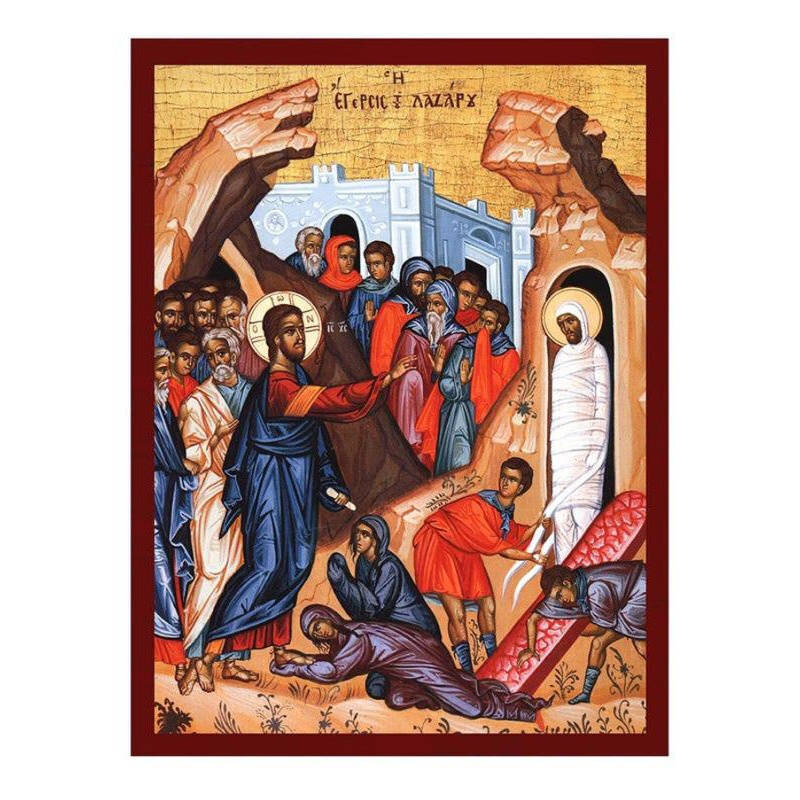 Εικόνα Ορθοδοξίας με περίγραμμα χρυσό σε ξύλο Φλαμουρίας  με  βάση Το ύψωμα της εικόνας του Λαζάρου, Χειροποίητη ελληνική εικόνα της Εγέρσης του Λαζάρου, επιτοίχια πλάκα βυζαντινής τέχνης, χριστιανικό δώρο Διάσταση 45x35 cm (17,7 x 13,8 ίντσες) INTRAEK-54