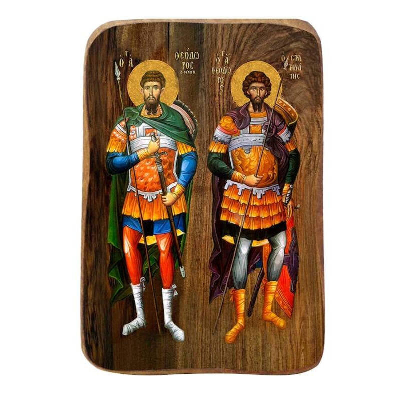 Εικόνα Ορθοδοξίας με περίγραμμα χρυσό σε ξύλο Φλαμουρίας  με  βάση Μπομπονιέρα Βάπτισης Άγιος Θεόδωρος Σετ 20 τεμαχίων, Εικόνα Βάπτισης, Μπομπονιέρα Χειροποίητη Βυζαντινή εικόνα 9x6cm, Χριστιανικό Δώρο Διάσταση 45x35 cm (17,7 x 13,8 ίντσες) INTRAEK-543216