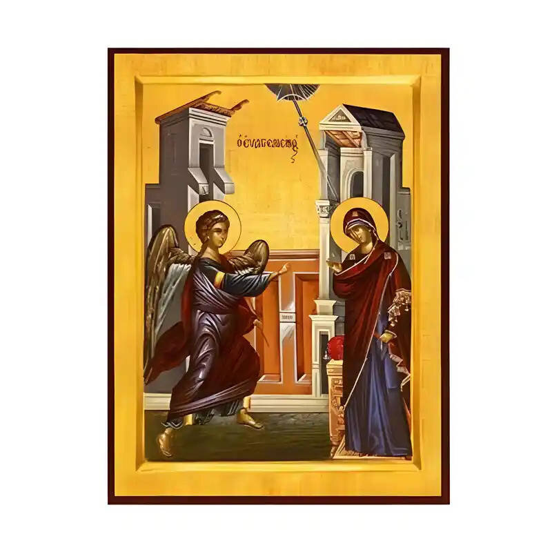 Σετ των 2 Εικόνα Ορθοδοξίας με περίγραμμα χρυσό σε ξύλο Φλαμουρίας  με  βάση Εικόνα Ευαγγελισμός της Θεοτόκου Χειροποίητη Ελληνορθόδοξη , Κρεμαστή πλάκα βυζαντινής τέχνης, χριστιανική τέχνη Διάσταση 10x7 cm (3,9 x 2,8 ίντσες) INTRAEK-670987