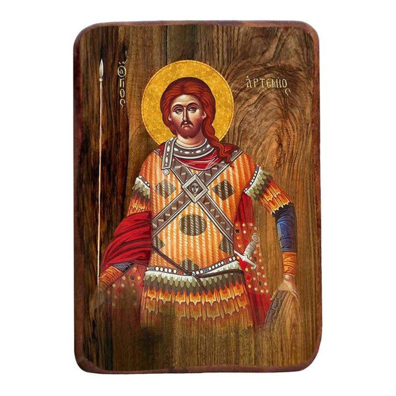 Εικόνα Ορθοδοξίας με περίγραμμα χρυσό σε ξύλο Φλαμουρίας  με  βάση Μπομπονιέρα Βάπτισης Άγιος Αρτέμιος Σετ 20 τεμαχίων, Εικόνα Βάπτισης, Μπομπονιέρα Χειροποίητη Βυζαντινή εικόνα 9x6cm, Χριστιανικό Δώρο Διάσταση 45x35 cm (17,7 x 13,8 ίντσες) INTRAEK-543216