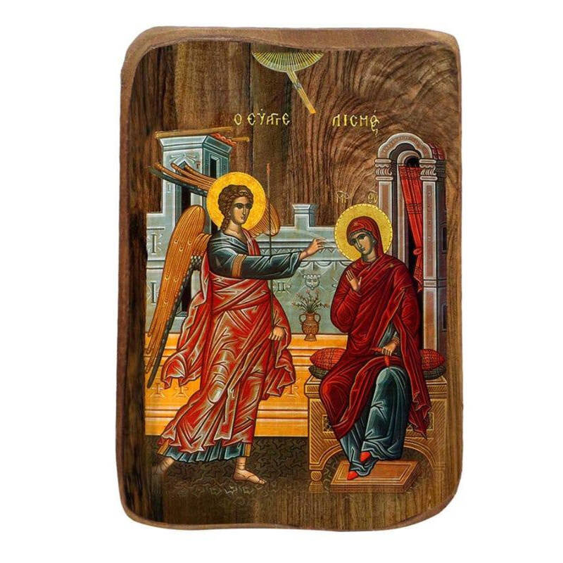 Εικόνα Ορθοδοξίας με περίγραμμα χρυσό σε ξύλο Φλαμουρίας  με  βάση Μπομπονιέρα Βάπτισης Ευαγγελισμός της Θεοτόκου Σετ 20 τεμαχίων, Εικόνα Βάπτισης, Μπομπονιέρα Χειροποίητη Βυζαντινή εικόνα 9x6cm, Χριστιανικό Δώρο Διάσταση 45x35 cm (17,7 x 13,8 ίντσες) INT