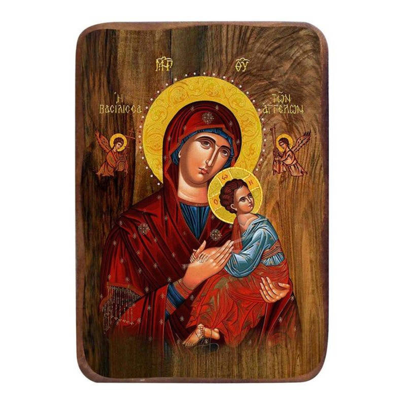 Εικόνα Ορθοδοξίας με περίγραμμα χρυσό σε ξύλο Φλαμουρίας  με  βάση Μπομπονιέρα Βάπτισης Παναγία Βασίλισσα των Αγγέλων Σετ 20 τεμαχίων, Εικόνα Βάπτισης, Χειροποίητη Βυζαντινή εικόνα Bomboniera 9x6cm, Χριστιανικό Δώρο Διάσταση 45x35 cm (17,7 x 13,8 ίντσες)