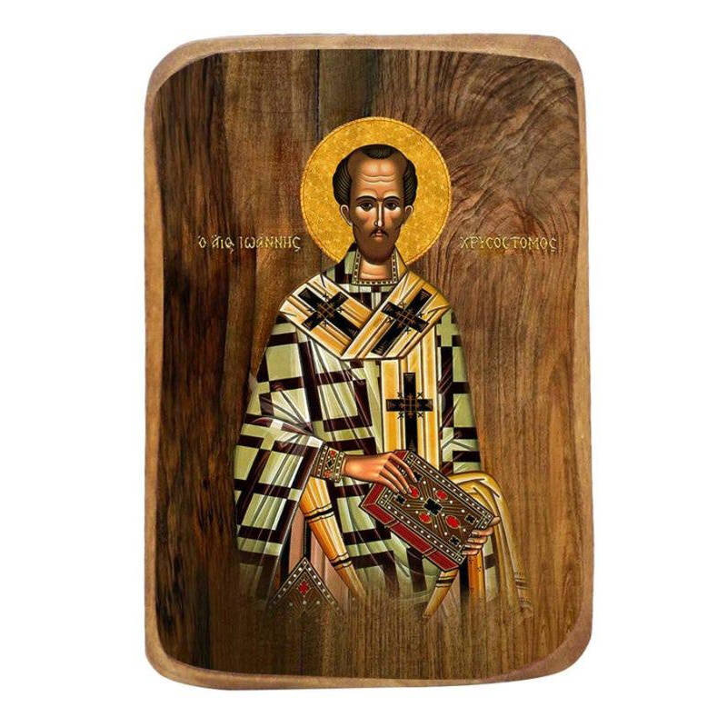 Εικόνα Ορθοδοξίας με περίγραμμα χρυσό σε ξύλο Φλαμουρίας  με  βάση Μπομπονιέρα Βάπτισης Άγιος Ιωάννης ο Χρυσόστομος Σετ 20 τεμαχίων, Εικόνα Βάπτισης, Μπομπονιέρα Χειροποίητη Βυζαντινή εικόνα 9x6cm, Χριστιανικό Δώρο Διάσταση 45x35 cm (17,7 x 13,8 ίντσες) I