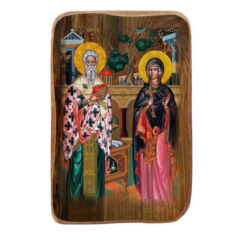 Εικόνα Ορθοδοξίας με περίγραμμα χρυσό σε ξύλο Φλαμουρίας  με  βάση Μπομπονιέρα Βάπτισης Άγιος Κύπριος και Αγία Ιουστίνα Σετ 20 τεμαχίων, Εικόνα Βάπτισης, Χειροποίητη Βυζαντινή εικόνα Bomboniera 9x6cm, Χριστιανικό Δώρο Διάσταση 45x35 cm (17,7 x 13,8 ίντσες