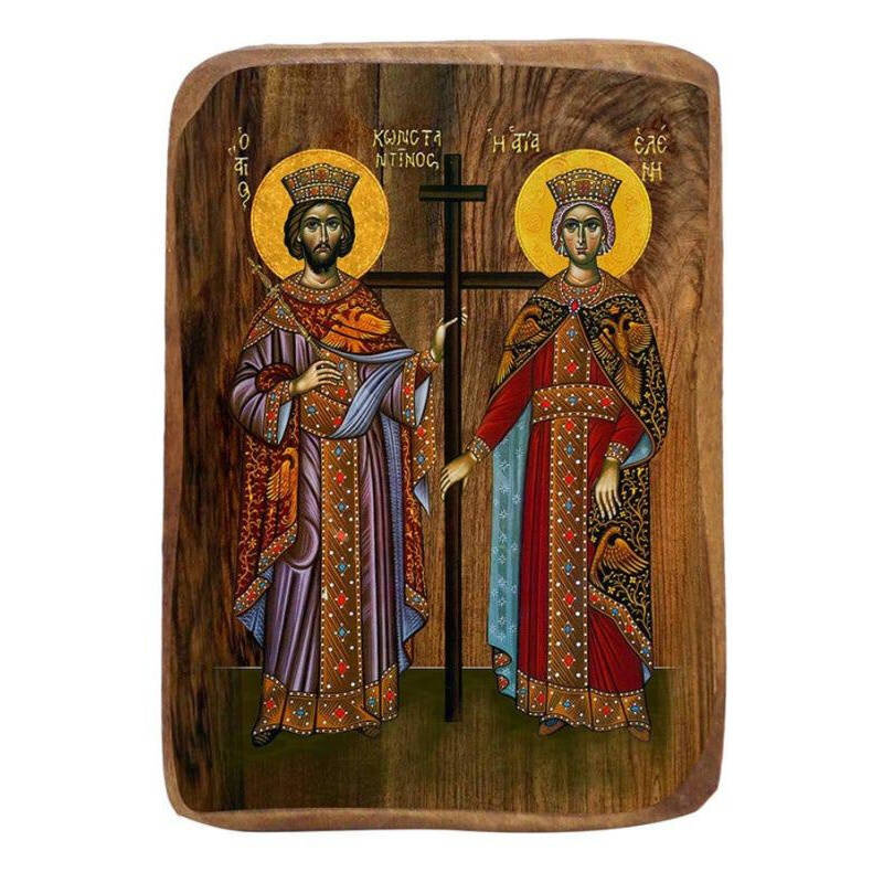 Εικόνα Ορθοδοξίας με περίγραμμα χρυσό σε ξύλο Φλαμουρίας  με  βάση Μπομπονιέρα Βάπτισης Αγίων Κωνσταντίνου και Ελένης Σετ 20 τεμαχίων, Εικόνα Βάπτισης, Μπομπονιέρα Χειροποίητη Βυζαντινή εικόνα 9x6cm, Χριστιανικό Δώρο Διάσταση 45x35 cm (17,7 x 13,8 ίντσες)