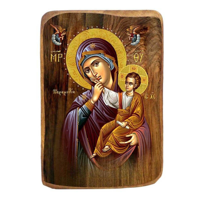 Εικόνα Ορθοδοξίας με περίγραμμα χρυσό σε ξύλο Φλαμουρίας  με  βάση Μπομπονιέρα Βάπτισης Παναγία Παρηγοριά Σετ 20 τεμαχίων, Εικόνα Βάπτισης, Μπομπονιέρα Χειροποίητη Βυζαντινή εικόνα 9x6cm, Χριστιανικό Δώρο Διάσταση 45x35 cm (17,7 x 13,8 ίντσες) INTRAEK-543