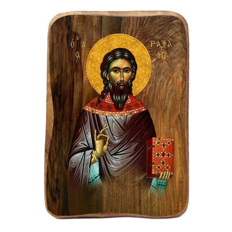 Εικόνα Ορθοδοξίας με περίγραμμα χρυσό σε ξύλο Φλαμουρίας  με  βάση Μπομπονιέρα Βάπτισης Άγιος Ραφαήλ Σετ 20 τεμαχίων, Εικόνα Βάπτισης, Χειροποίητη Βυζαντινή εικόνα Bomboniera 9x6cm, Χριστιανικό Δώρο Διάσταση 45x35 cm (17,7 x 13,8 ίντσες) INTRAEK-543216724