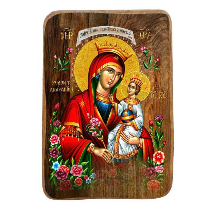 Εικόνα Ορθοδοξίας με περίγραμμα χρυσό σε ξύλο Φλαμουρίας  με  βάση Μπομπονιέρα Βάπτισης Παναγία του Αχαλίνωτου Τριαντάφυλλου Σετ 20 τεμαχίων, Εικόνα Βάπτισης, Μπομπονιέρα Χειροποίητη Βυζαντινή εικόνα 9x6cm, Χριστιανικό Δώρο Διάσταση 45x35 cm (17,7 x 13,8