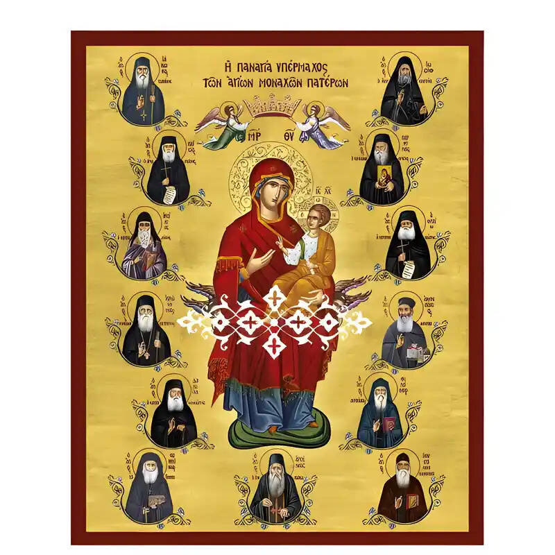 Σετ των 2 Εικόνα Ορθοδοξίας με περίγραμμα χρυσό σε ξύλο Φλαμουρίας  με  βάση Εικόνα Παναγία με Χριστό, Υπέρμαχος των Αγίων Μοναχών Πατέρων Χειροποίητη Ελληνορθόδοξη , Κρεμαστή πλάκα βυζαντινής τέχνης, χριστιανική τέχνη Διάσταση 10x7 cm (3,9 x 2,8 ίντσες)