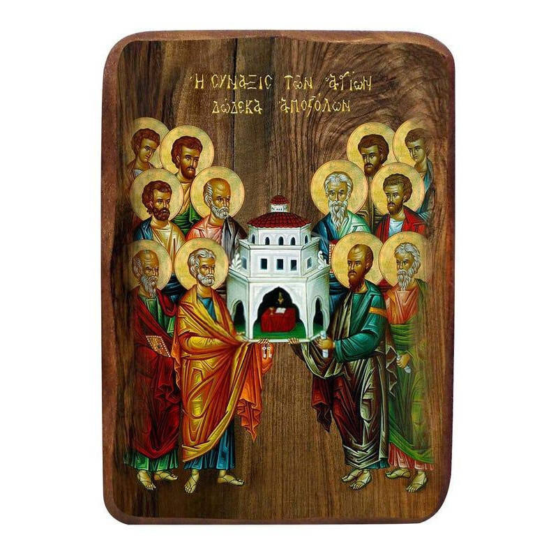 Εικόνα Ορθοδοξίας με περίγραμμα χρυσό σε ξύλο Φλαμουρίας  με  βάση Μπομπονιέρα Βάπτισης Σύναξη των Δώδεκα Αποστόλων Σετ 20 τεμαχίων, Εικόνα Βάπτισης, Μπομπονιέρα Χειροποίητη Βυζαντινή εικόνα 9x6, Χριστιανικό Δώρο Διάσταση 45x35 cm (17,7 x 13,8 ίντσες) INT