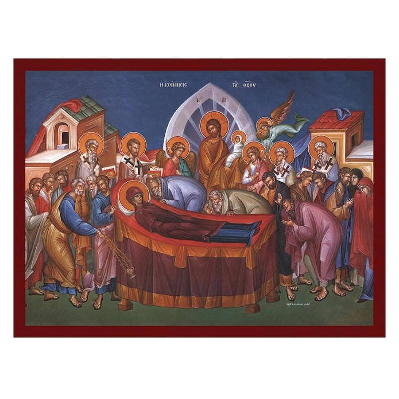 Εικόνα Ορθοδοξίας με περίγραμμα χρυσό σε ξύλο Φλαμουρίας  με  βάση Εικόνα Κοίμησης της Θεοτόκου, Χειροποίητη Βυζαντινή εικόνα Κοίμησης της Θεοτόκου, Κρεμαστή πλάκα θρησκευτικής τέχνης, χριστιανικό δώρο Διάσταση 45x35 cm (17,7 x 13,8 ίντσες) INTRAEK-543216