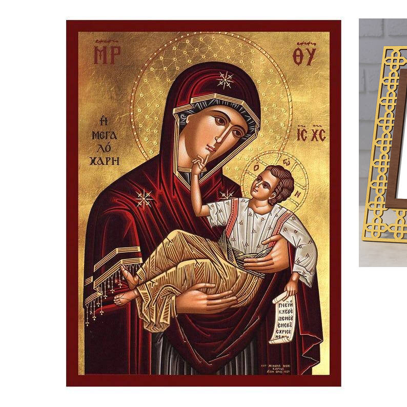 Εικόνα Ορθοδοξίας με περίγραμμα χρυσό σε ξύλο Φλαμουρίας  με  βάση Εικόνα της Παναγίας της Μεγάλης Χάριτος, Χειροποίητη Βυζαντινή εικόνα της Παναγίας της Μεγαλόχαρης, Κρεμαστή πλάκα θρησκευτικής τέχνης, Χριστιανικό δώρο Διάσταση 45x35 cm (17,7 x 13,8 ίντσ