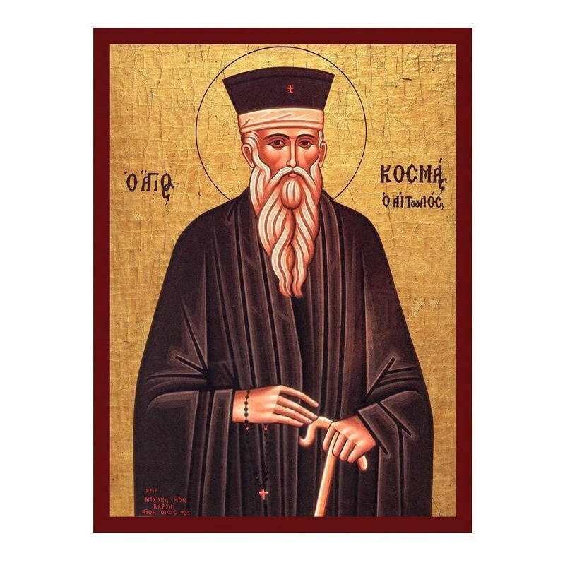 Εικόνα Ορθοδοξίας με περίγραμμα χρυσό σε ξύλο Φλαμουρίας  με  βάση Άγιος Κοσμάς ο Αιτωλός, Χειροποίητη Βυζαντινή εικόνα Αγίου Κοσμά του Αιτωλού, Κρεμαστή πλάκα θρησκευτικής τέχνης, Χριστιανικό δώρο Διάσταση 45x35 cm (17,7 x 13,8 ίντσες) INTRAEK-5432167240