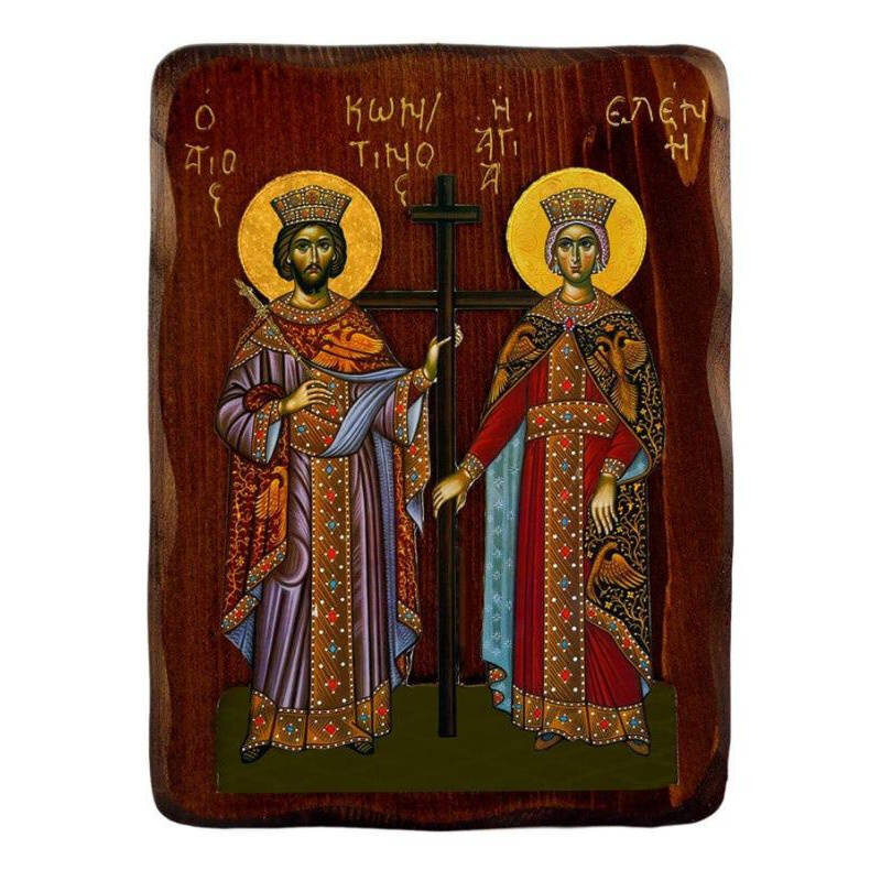 Εικόνα Ορθοδοξίας με περίγραμμα χρυσό σε ξύλο Φλαμουρίας  με  βάση Εικόνα Αγίων Κωνσταντίνου και Ελένης, Χειροποίητη εικόνα Κωνσταντίνου και Ελένης, Βυζαντινή επιτοίχια πλάκα, θρησκευτικό δώρο, χριστιανική διακόσμηση Διάσταση 45x35 cm (17,7 x 13,8 ίντσες)