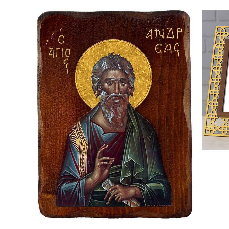 Εικόνα Ορθοδοξίας με περίγραμμα χρυσό σε ξύλο Φλαμουρίας  με  βάση Εικόνα Αγίου Ανδρέα, Χειροποίητη ελληνορθόδοξη εικόνα του Αγίου Ανδρέα, επιτοίχια πλάκα βυζαντινής τέχνης, θρησκευτικό δώρο, χριστιανική διακόσμηση Διάσταση 45x35 cm (17,7 x 13,8 ίντσες) I