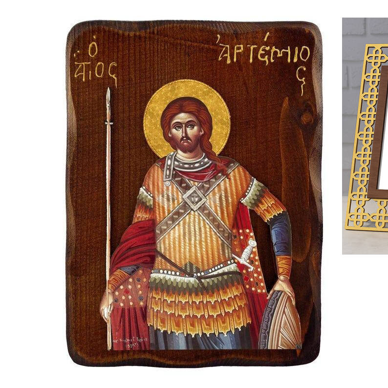 Εικόνα Ορθοδοξίας με περίγραμμα χρυσό σε ξύλο Φλαμουρίας  με  βάση Εικόνα Αγίου Αρτεμίου, Χειροποίητη Ελληνορθόδοξη εικόνα του Αγίου Αρτεμίου, επιτοίχια βυζαντινή τέχνη, θρησκευτικό δώρο, χριστιανική διακόσμηση Διάσταση 45x35 cm (17,7 x 13,8 ίντσες) INTRA