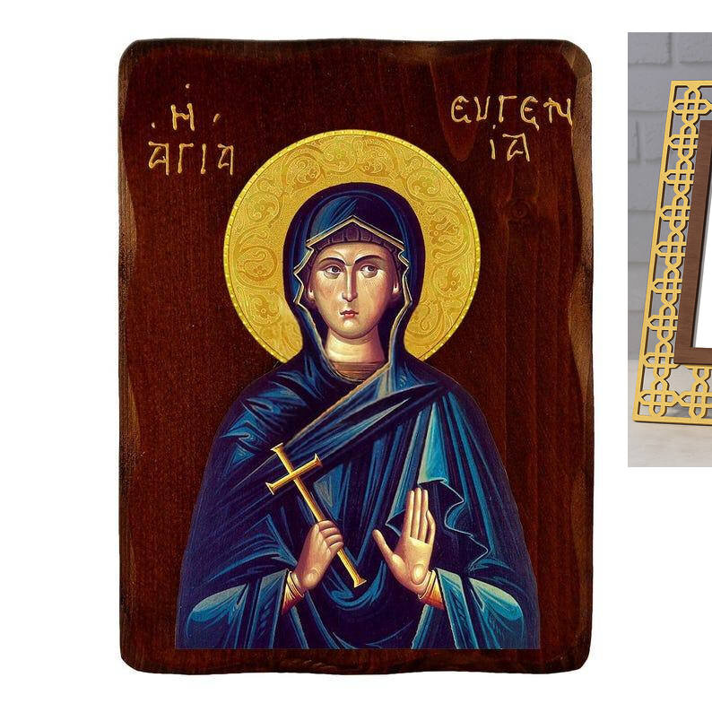 Εικόνα Ορθοδοξίας με περίγραμμα χρυσό σε ξύλο Φλαμουρίας  με  βάση Εικόνα Αγίας Ευγενίας, Χειροποίητη ελληνορθόδοξη εικόνα της Αγίας Ευγενίας, επιτοίχια πλάκα βυζαντινής τέχνης, θρησκευτικό δώρο, χριστιανική διακόσμηση Διάσταση 45x35 cm (17,7 x 13,8 ίντσε
