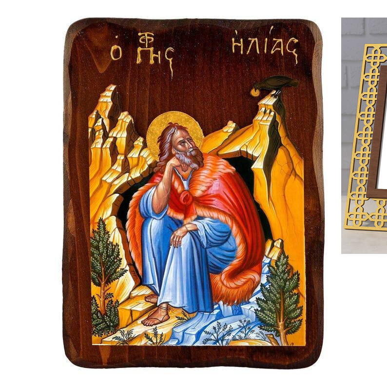 Εικόνα Ορθοδοξίας με περίγραμμα χρυσό σε ξύλο Φλαμουρίας  με  βάση Εικόνα Προφήτη Ηλία, Χειροποίητη ελληνορθόδοξη εικόνα του Προφήτη Ηλία, επιτοίχια πλάκα βυζαντινής τέχνης, θρησκευτικό δώρο, χριστιανική διακόσμηση Διάσταση 45x35 cm (17,7 x 13,8 ίντσες) I