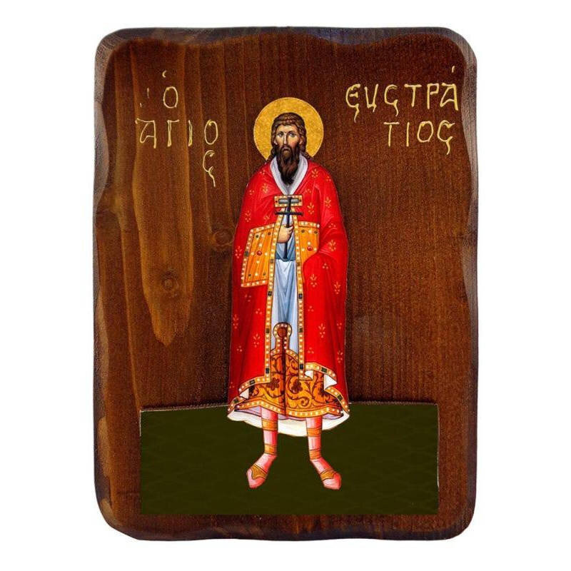 Εικόνα Ορθοδοξίας με περίγραμμα χρυσό σε ξύλο Φλαμουρίας  με  βάση Εικόνα Αγίου Ευστρατίου, Χειροποίητη ελληνορθόδοξη εικόνα του Αγίου Ευστρατίου, επιτοίχια πλάκα βυζαντινής τέχνης, θρησκευτικό δώρο, χριστιανική διακόσμηση Διάσταση 45x35 cm (17,7 x 13,8 ί