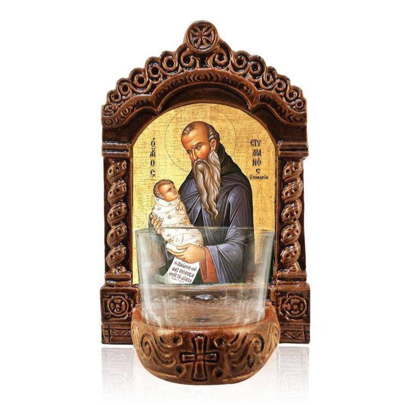 Εικόνα Ορθοδοξίας με περίγραμμα χρυσό σε ξύλο Φλαμουρίας  με  βάση Φωτιστικό Αγρυπνίας Αγίου Στυλιανού, Παιδικός Προστάτης Αγίου Στυλιανού, Ελληνικής κατασκευής Επιτραπέζια εικόνα, Χειροποίητο Κεραμικό Φωτιστικό με Γυάλινο Κύπελλο Διάσταση 50x40 cm (19,7