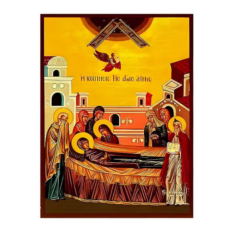 Σετ των 2 Εικόνα Ορθοδοξίας με περίγραμμα χρυσό σε ξύλο Φλαμουρίας  με  βάση Εικόνα Αγία Άννα, η Κοίμηση Χειροποίητη Ελληνορθόδοξη , Κρεμαστή πλάκα βυζαντινής τέχνης, χριστιανική τέχνη Διάσταση 10x7 cm (3,9 x 2,8 ίντσες) INTRAEK-670676