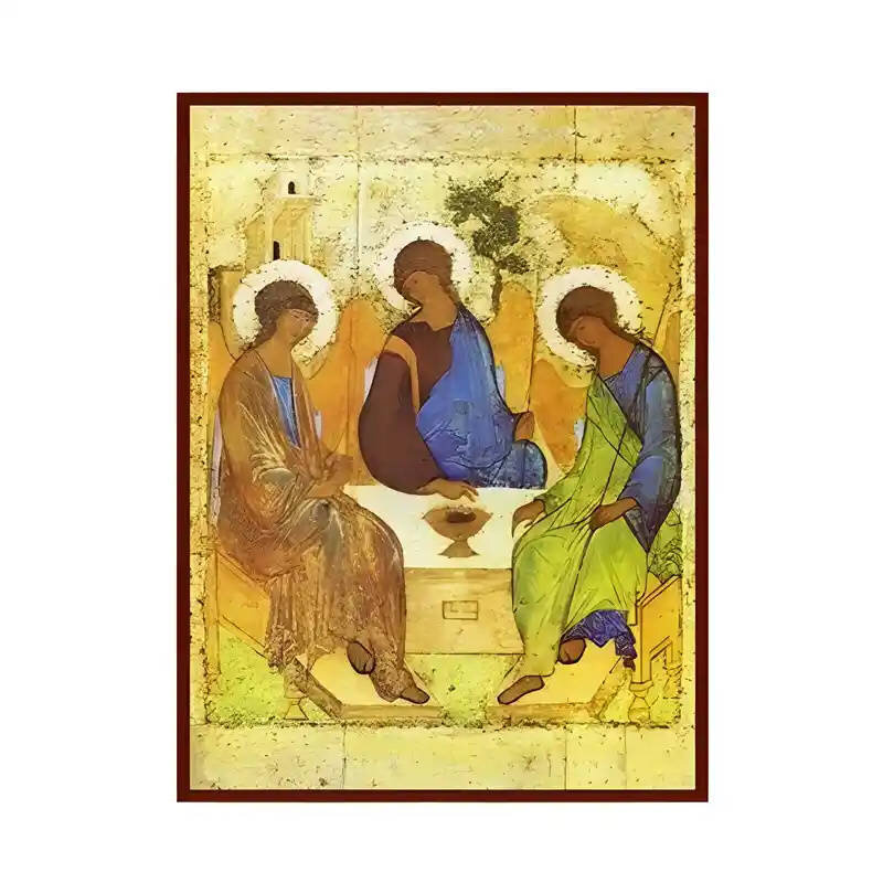 Σετ των 2 Εικόνα Ορθοδοξίας με περίγραμμα χρυσό σε ξύλο Φλαμουρίας  με  βάση Εικόνα Αγία Τριάδα - Τρεις Άγγελοι εκ της φιλοξενίας του Αβραάμ Χειροποίητη Ελληνορθόδοξη , Κρεμαστή πλάκα βυζαντινής τέχνης, χριστιανική τέχνη Διάσταση 10x7 cm (3,9 x 2,8 ίντσες