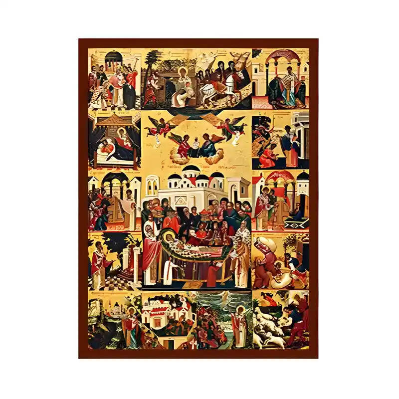 Σετ των 2 Εικόνα Ορθοδοξίας με περίγραμμα χρυσό σε ξύλο Φλαμουρίας  με  βάση Εικόνα Άγιος Σπυρίδων, η Κοίμηση Χειροποίητη Ελληνορθόδοξη , Κρεμαστή πλάκα βυζαντινής τέχνης, χριστιανική τέχνη Διάσταση 10x7 cm (3,9 x 2,8 ίντσες) INTRAEK-671054