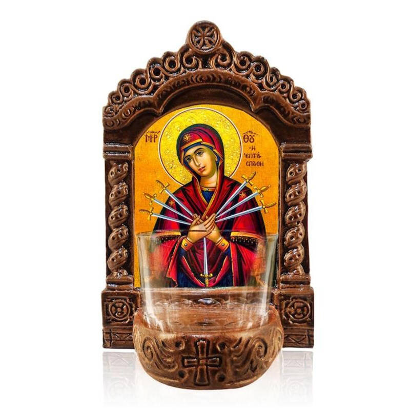 Εικόνα Ορθοδοξίας με περίγραμμα χρυσό σε ξύλο Φλαμουρίας  με  βάση Παναγία των Επτά Θλίψεων Παναγία Αγρυπνία, Η Επταξίφη Παναγία Κεραμική Επιτραπέζια Εικόνα, Παναγία Επτασπάθη Αγρυπνία με Κύπελλο Διάσταση 50x40 cm (19,7 x 15,8 ίντσες)  INTRAEK-65432167241