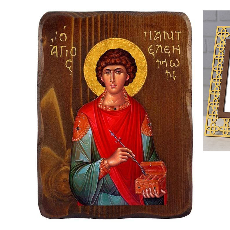 Εικόνα Ορθοδοξίας με περίγραμμα χρυσό σε ξύλο Φλαμουρίας  με  βάση Εικόνα Αγίου Παντελεήμονα, Χειροποίητη ελληνορθόδοξη εικόνα του Αγίου Παντελεήμονα, επιτοίχια πλάκα βυζαντινής τέχνης, θρησκευτικό δώρο, χριστιανική διακόσμηση Διάσταση 50x40 cm (19,7 x 15