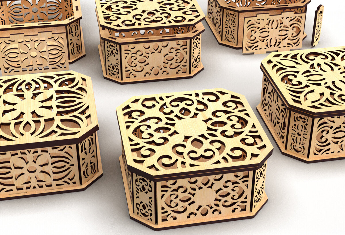 Σετ των 2 Intra απο ξύλο plywood 3mm-4mm πάχος - Διακοσμητικό κουτί δώρου με κομμένο εξάγωνο λέιζερ 3 Δίασταση 15x15 cm INTRAFABR-82945115