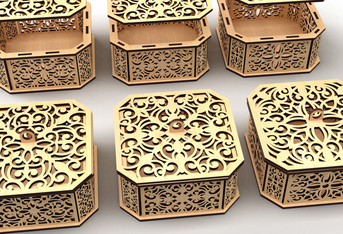 Σετ των 2 Intra απο ξύλο plywood 3mm-4mm πάχος - Διακοσμητικό κουτί δώρου με εξάγωνο  4 Δίασταση 15x15 cm INTRAFABR-82945121