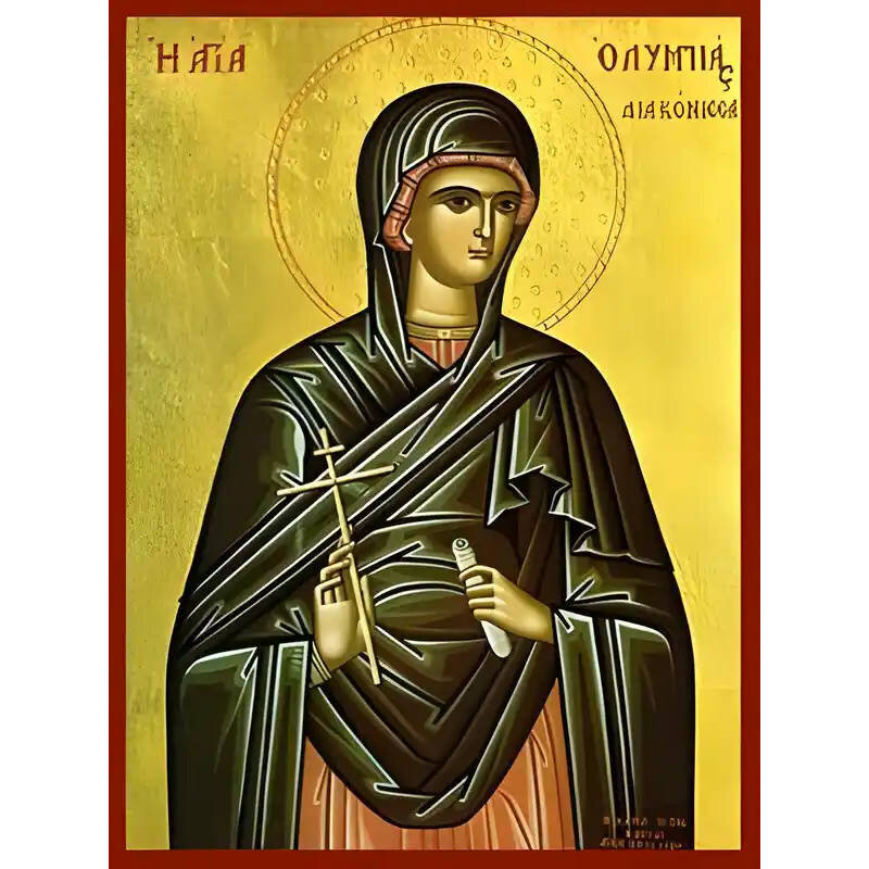 Εικόνα Ορθοδοξίας με περίγραμμα χρυσό σε ξύλο Φλαμουρίας  με  βάση Εικόνα ΑΓΙΑ ΟΛΥΜΠΙΑΣ, Η ΔΙΑΚΟΝΙΣΣΑ, ΚΩΝ/ΠΟΛΕΩΣ Χειροποίητη Ελληνορθόδοξη εικόνα του Ιησού Χριστού, Κρεμαστή πλάκα βυζαντινής τέχνης, χριστιανική τέχνη Διάσταση 40x30 cm (10,2x7,9 ίντσες)