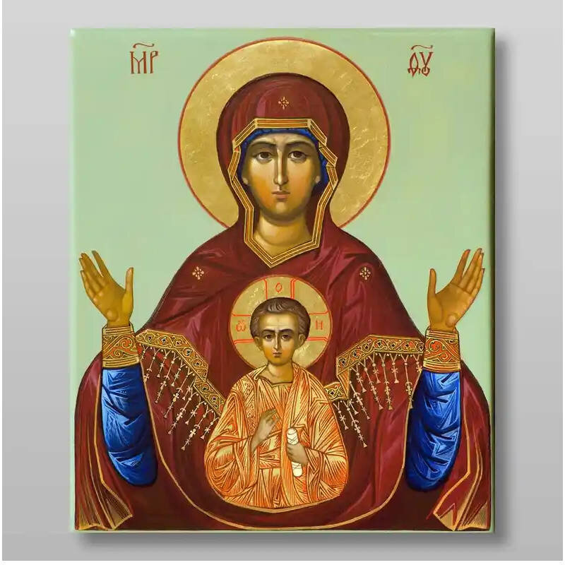 Σετ των 2 Εικόνα Ορθοδοξίας με περίγραμμα χρυσό σε ξύλο Φλαμουρίας  με  βάση Εικόνα της Μητέρας του Θεού, του Σημαδίου Χειροποίητη Ελληνορθόδοξη , Κρεμαστή πλάκα βυζαντινής τέχνης, χριστιανική τέχνη Διάσταση 21x15 cm (8,3 x 5,9 ίντσες) INTRAEK-321357