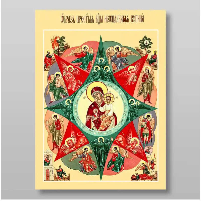 Σετ 2 τεμαχίων – Εικόνα Ορθοδοξίας με περίγραμμα χρυσό σε ξύλο Φλαμουρίας  με  βάση Το Burning Bush Icon of the Mother of God Χειροποίητη Ελληνορθόδοξη , Κρεμαστή πλάκα βυζαντινής τέχνης, χριστιανική τέχνη Διάσταση 15x11 cm (5,9 x 4,3 ίντσες) INTRAEK-2135