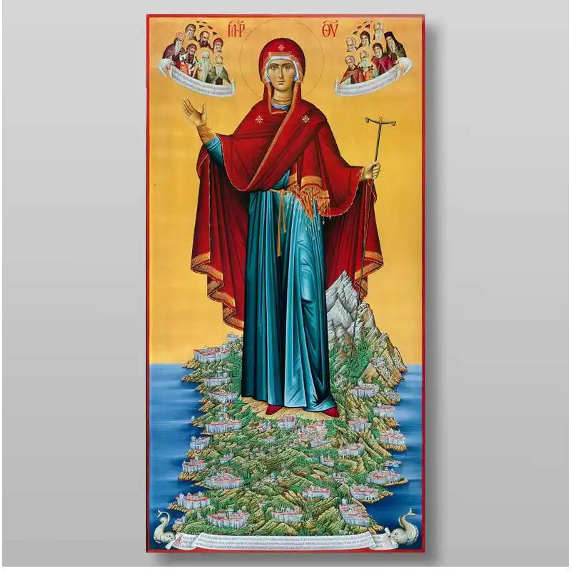 Σετ 2 τεμαχίων – Εικόνα Ορθοδοξίας με περίγραμμα χρυσό σε ξύλο Φλαμουρίας  με  βάση Η Θεομητορική Προστάτιδα του Αγίου Όρους Χειροποίητη Ελληνορθόδοξη , Κρεμαστή πλάκα βυζαντινής τέχνης, χριστιανική τέχνη Διάσταση 15x11 cm (5,9 x 4,3 ίντσες) INTRAEK-21341