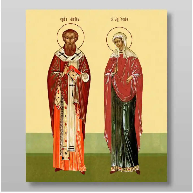 Σετ 2 τεμαχίων – Εικόνα Ορθοδοξίας με περίγραμμα χρυσό σε ξύλο Φλαμουρίας  με  βάση Κύπρια και Ιουστινία μάρτυρες, Χειροποίητη Ελληνορθόδοξη , Κρεμαστή πλάκα βυζαντινής τέχνης, χριστιανική τέχνη Διάσταση 15x11 cm (5,9 x 4,3 ίντσες) INTRAEK-21319