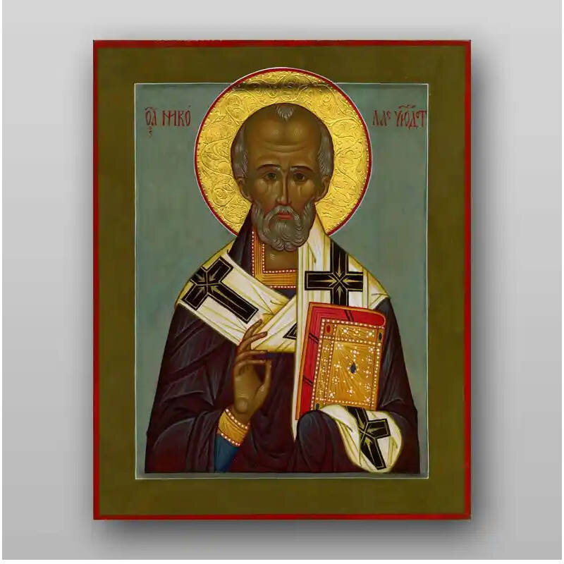 Εικόνα Ορθοδοξίας με περίγραμμα χρυσό σε ξύλο Φλαμουρίας  με  βάση Εικόνα του Αγίου Νικολάου - Χειροποίητη Ελληνορθόδοξη , Κρεμαστή πλάκα βυζαντινής τέχνης, χριστιανική τέχνη Διάσταση 10x7 cm (3,9 x 2,8 ίντσες) INTRAEK-71298