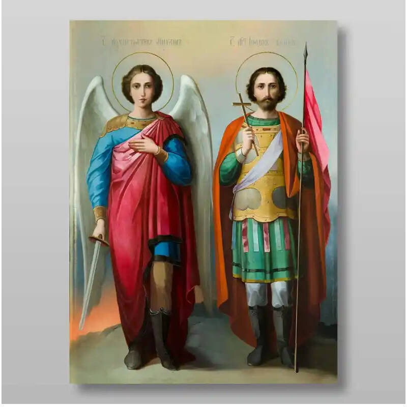 Εικόνα Ορθοδοξίας με περίγραμμα χρυσό σε ξύλο Φλαμουρίας  με  βάση Μιχαήλ ο Αρχάγγελος και Ιωάννης ο πολεμιστής, Χειροποίητη Ελληνορθόδοξη , Κρεμαστή πλάκα βυζαντινής τέχνης, χριστιανική τέχνη Διάσταση 10x7 cm (3,9 x 2,8 ίντσες) INTRAEK-71287
